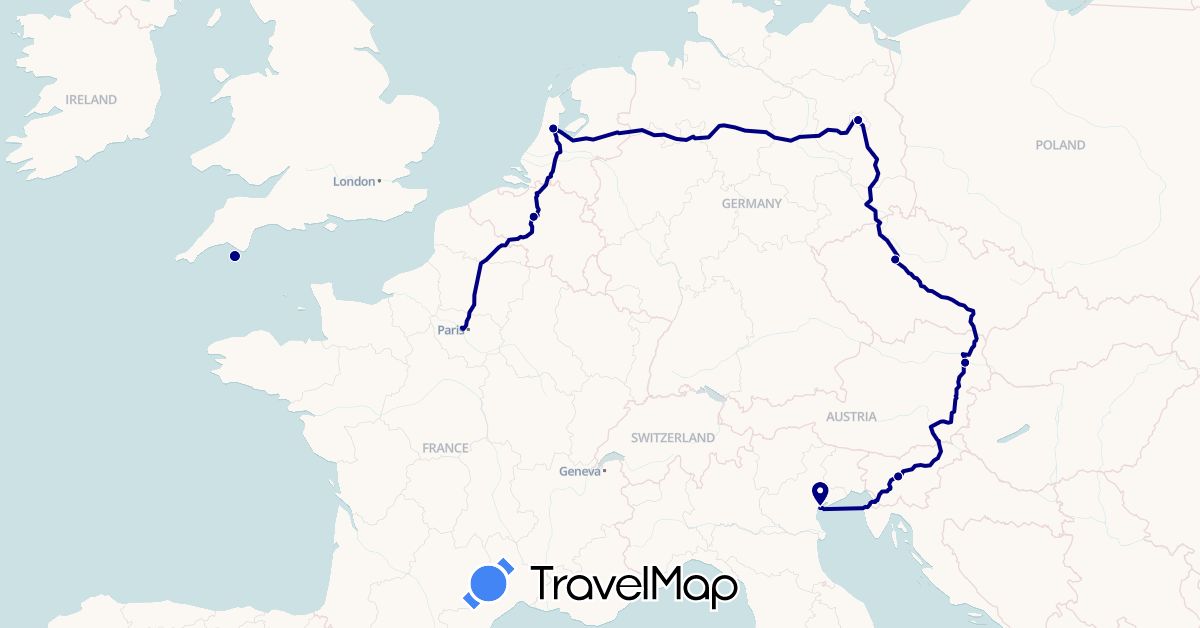 TravelMap itinerary: driving in Austria, Belgium, Czech Republic, Germany, France, Italy, Netherlands, Slovenia (Europe)